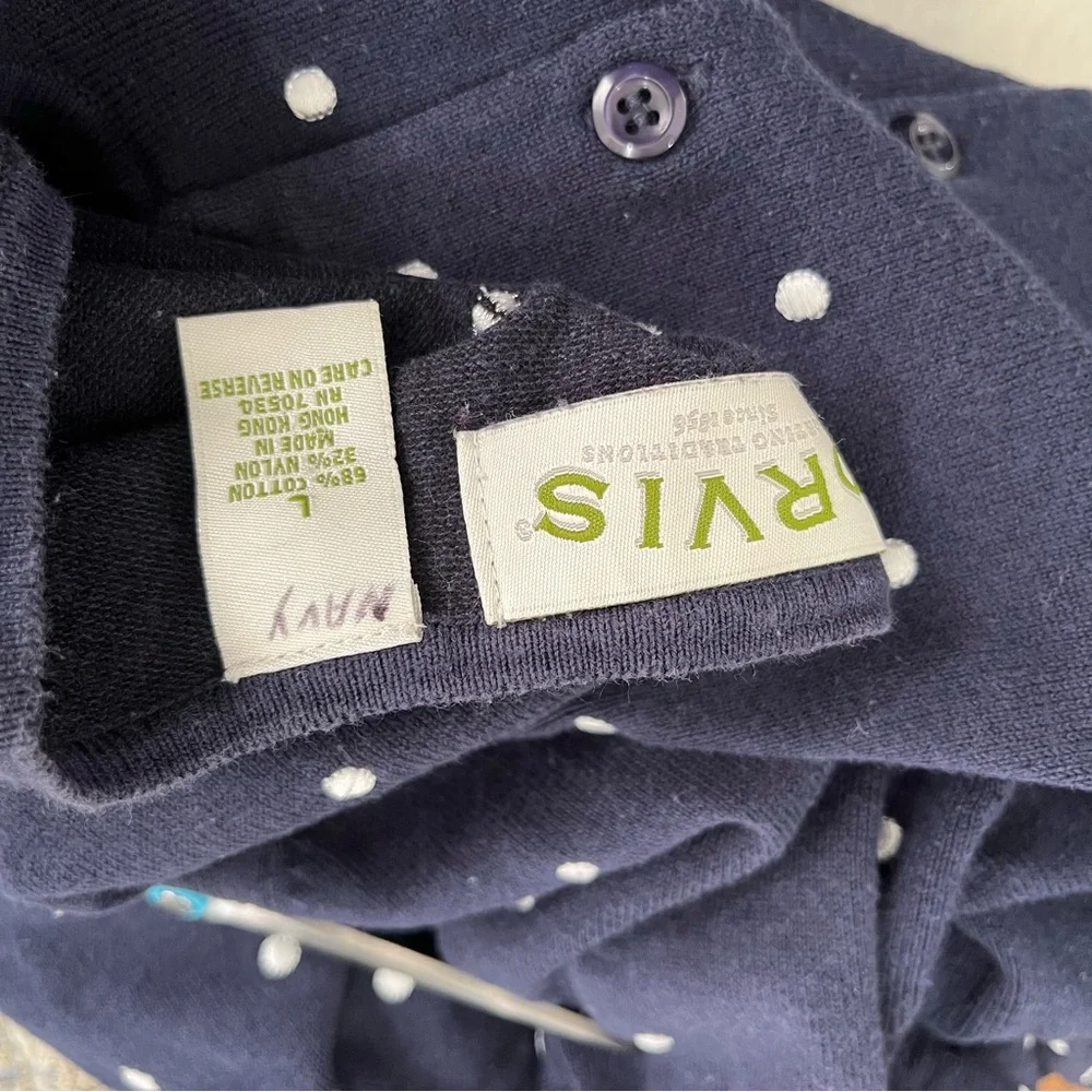 Orvis Vintage 90s Navy Blue White Polka Dot Button Cardigan Sweater Womens Large